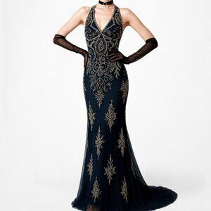 Vintage Y2K Black Navy Silk Beaded Halter Bodycon Maxi Prom Dress Size M
